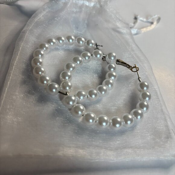 Pearl Silver Hoop Earrings • Elegant & Timeless - Picture 2 of 2